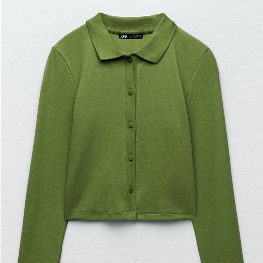 ZARA Ribbed Buttoned Polo Shirt Cropped Women Green